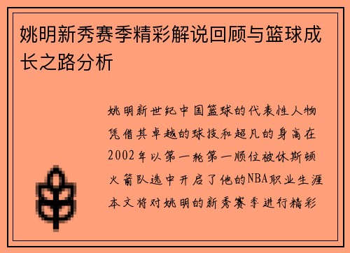 姚明新秀赛季精彩解说回顾与篮球成长之路分析
